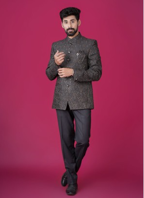 Designer Dark Grey Thread embroidered Jodhpuri Suit
