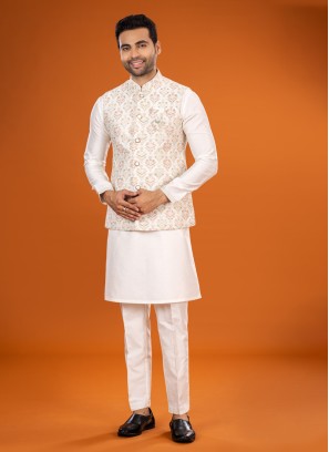 Designer Embroidered Cream Nehru Jacket Set