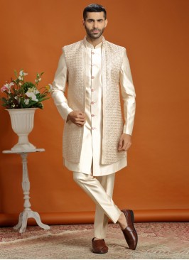 Designer Embroidered Cream Nehru Jacket Set