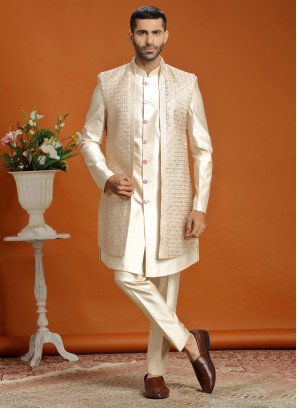 Designer Embroidered Cream Nehru Jacket Set