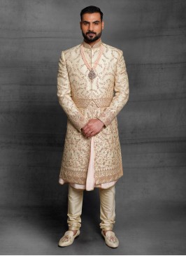 Designer Embroidered Golden Cream Sherwani