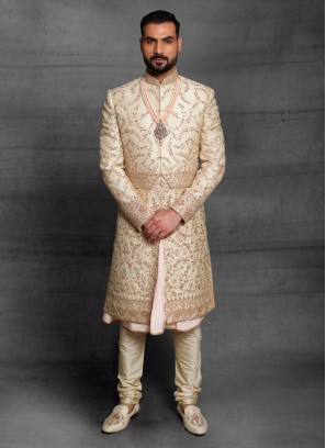 Designer Embroidered Golden Cream Sherwani