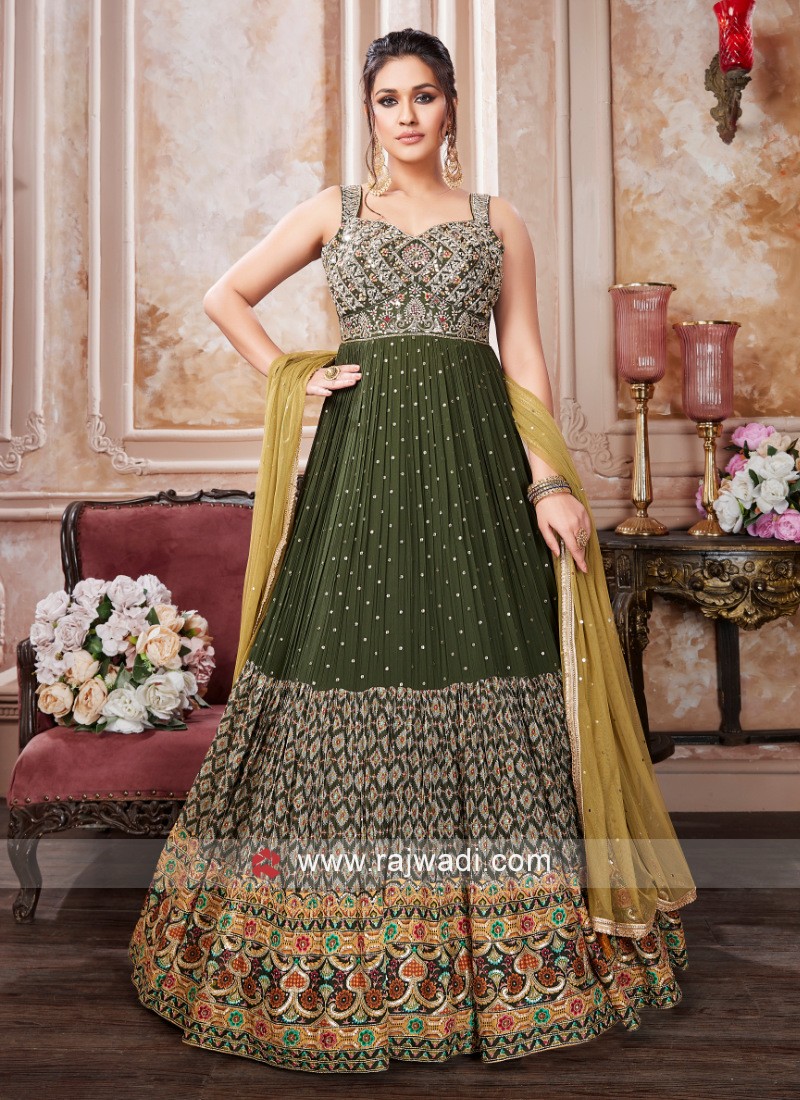 Perfect Mehndi Dress - Green Scalloped Blouse - Yellow Lehenga