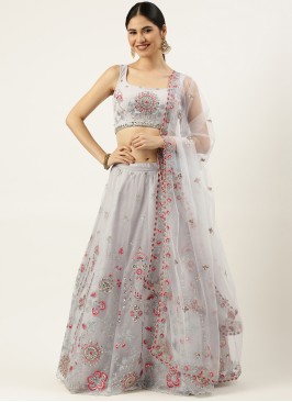 Designer Embroidered Grey Lehenga Choli In Net