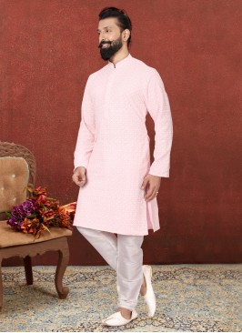 Designer Embroidered Light Pink Kurta Pajama