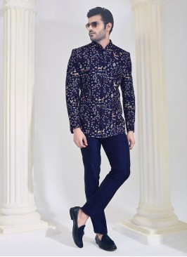 Designer Embroidered Navy Blue Jodhpuri Suit