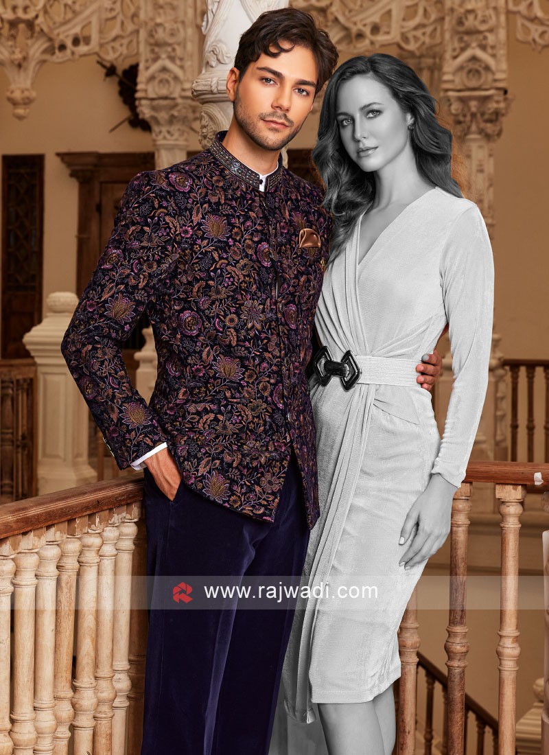 Art Banarasi Silk Jodhpuri Suit in Navy Blue -