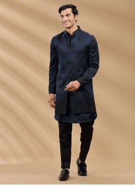 Designer Embroidered Navy Blue Nehru Jacket Set