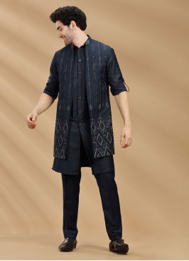 Designer Embroidered Navy Blue Nehru Jacket Set