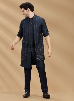 Designer Embroidered Navy Blue Nehru Jacket Set