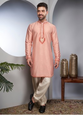 Designer Embroidered Peach Kurta Pajama