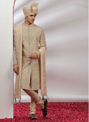 Designer Embroidered Silk Sherwani In Golden