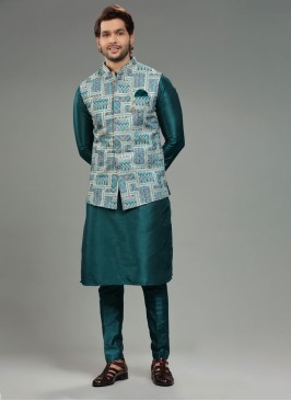 Designer Embroidered Teal Nehru Jacket Set In Silk