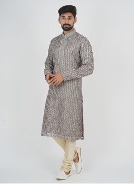 Designer Fancy Print Grey Color Kurta Pajama