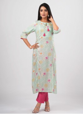 Designer Fancy Printed Kurti In Pista Green Color