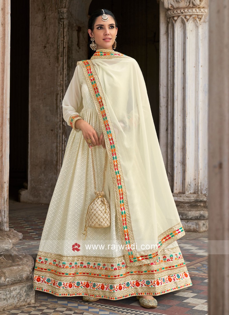 Off White Color Designer Floor Touch Anarkali Gown Suit Pakistani Indian  Wedding Party Wear Beautiful Embroidery Work Anarkali Dupatta Dress - Etsy