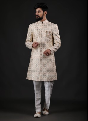 Designer Golden Cream Indowestern For Men