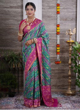 Designer Green And Rani Patola Print Saree