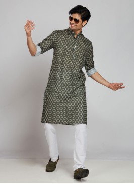 Designer Green Printed Kurta Pajama For Men