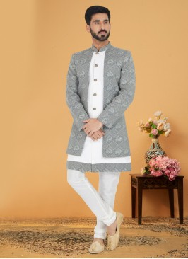 Designer Grey And White Jacket Style Indowestern Set