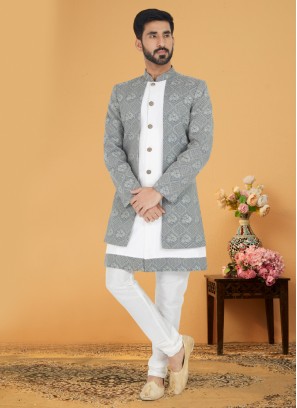 Designer Grey And White Jacket Style Indowestern Set