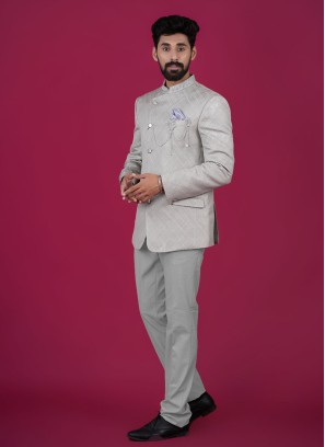 Designer Grey Brocade Silk Jodhpuri Suit