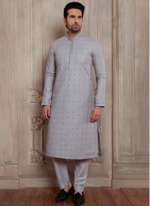 Designer Grey Embroidered Kurta Pajama