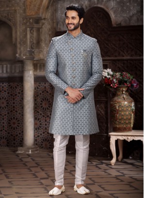 Designer Grey Indowestern In Banarasi Jacquard