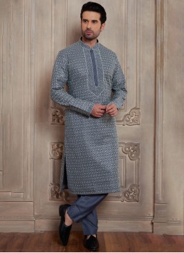 Designer Grey Kurta Pajama In Silk