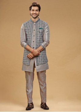 Designer Grey Nehru Jacket Set In Silk