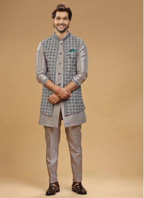 Designer Grey Nehru Jacket Set In Silk