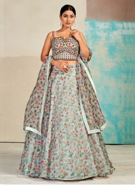 Designer Grey Printed Organza Lehenga Choli