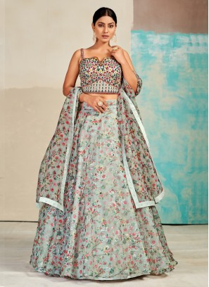 Designer Grey Printed Organza Lehenga Choli