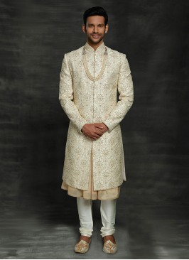 Designer Groom Cream Color Sherwani