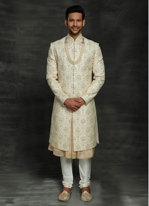 Designer Groom Cream Color Sherwani