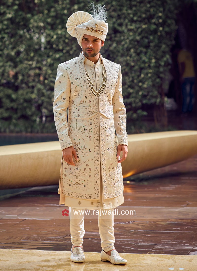 Golden colour sherwani for groom best sale