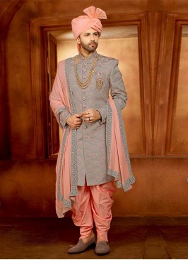 Designer Groom Sherwani In Grey Color