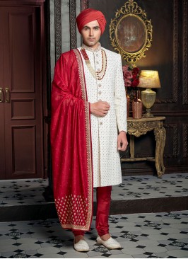 Designer Groom Wear Sherwani In Off White Color