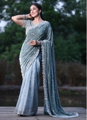 Designer Half And Half Saree In Pista Green