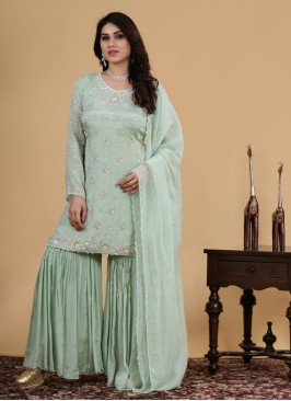 Designer Hand Embroidered Gharara Suit In Pista Green Color