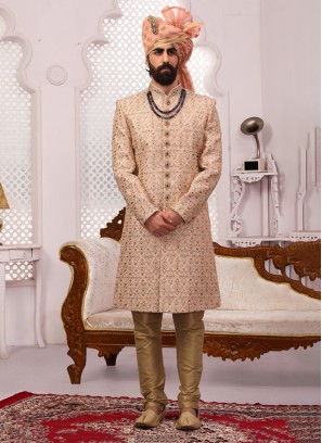 Designer Heavy embroidered Art Banarasi Silk Sherwani In Peach Color