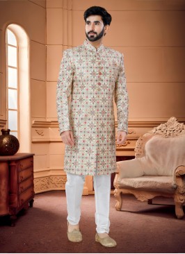 Designer Indowestern Set In Golden Cream Color