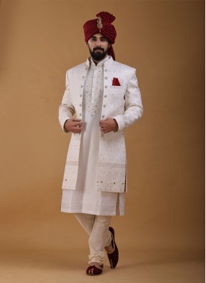 Designer Jacket Style Cream Color Sherwani