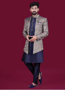 Designer Jacket Style Indowestern In Blue