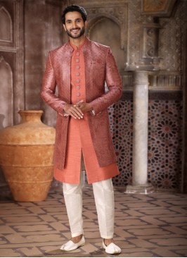 Designer Jacket Style Indowestern In Coral Color