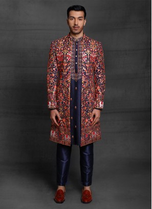 Designer Jacket Style Indowestern In Navy Blue