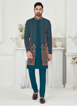 Designer Jacket Style Indowestern Set In Peacock Blue Color