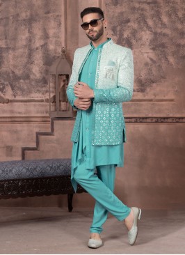 Designer Jacket Style Indowestern Set In Sea Green Color