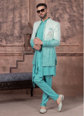 Designer Jacket Style Indowestern Set In Sea Green Color