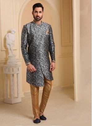 Designer Jacquard Silk Indowestern In Grey